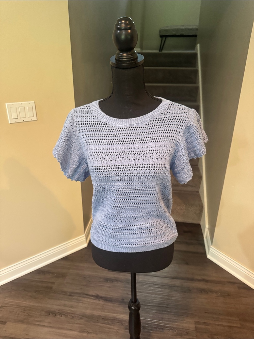 Sundance Pale Blue Crochet Short Sleeve Knit Top